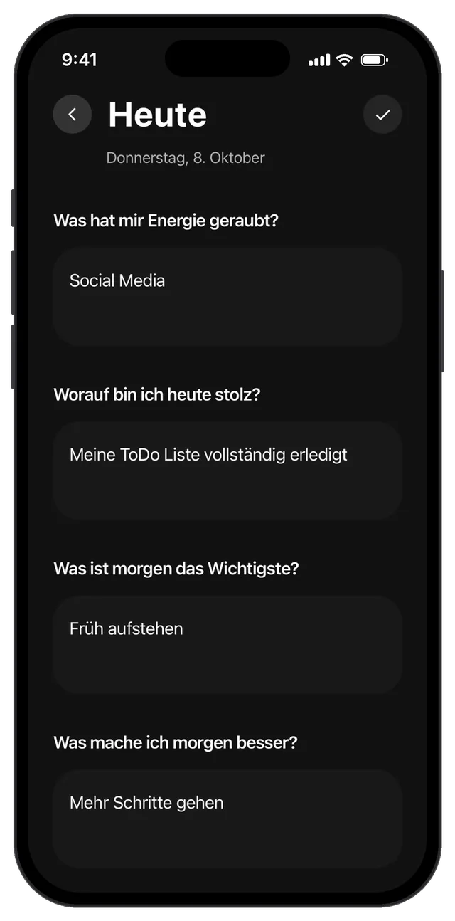 Tagebuch mit vier Fragen zum Tagesabschluss