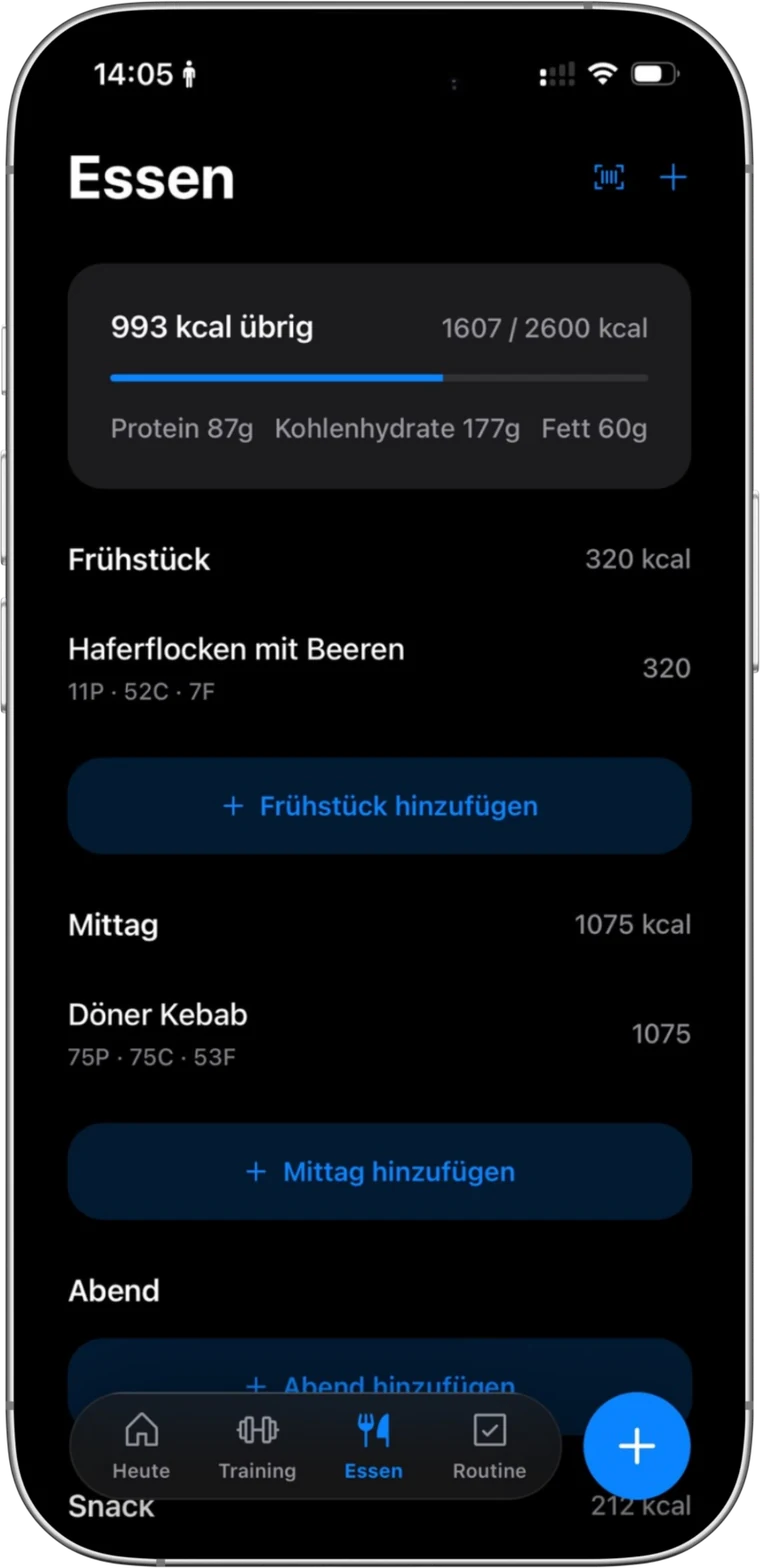 Essensübersicht mit Kalorien und Makros