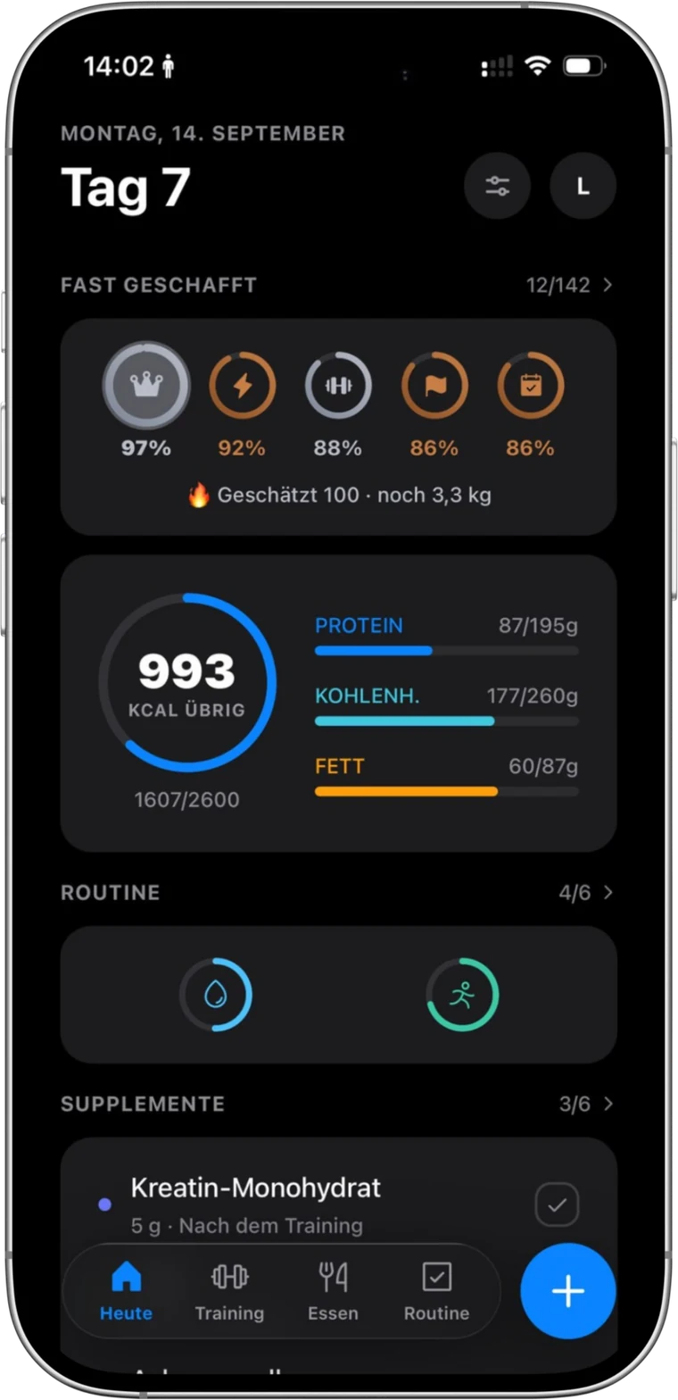Tagesübersicht von Next Self mit Kalorien und Makros