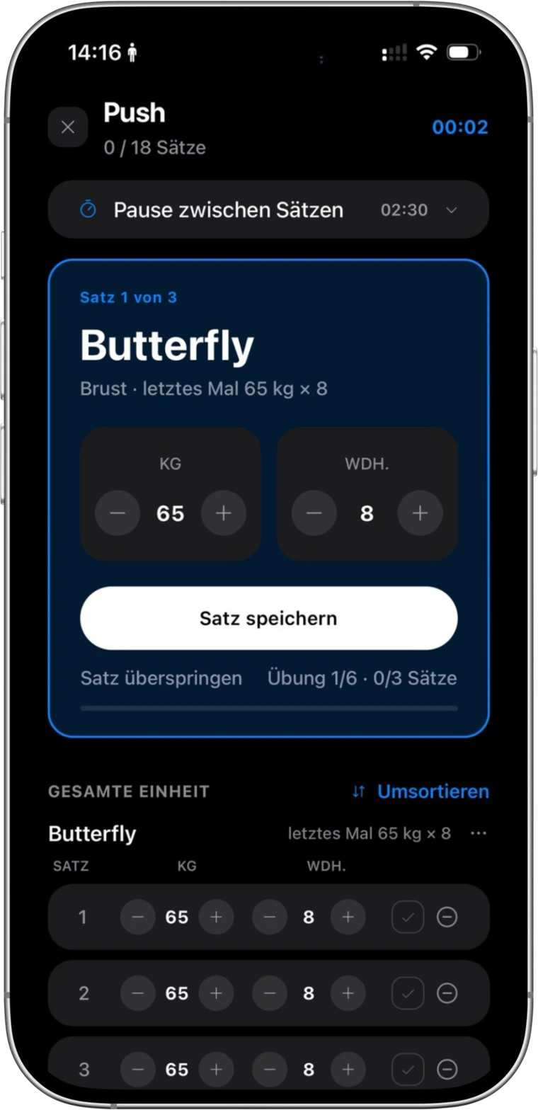 Laufende Trainingseinheit mit Sätzen